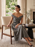 The Genevieve Off-Shoulder Midi Dress in Slate Grey