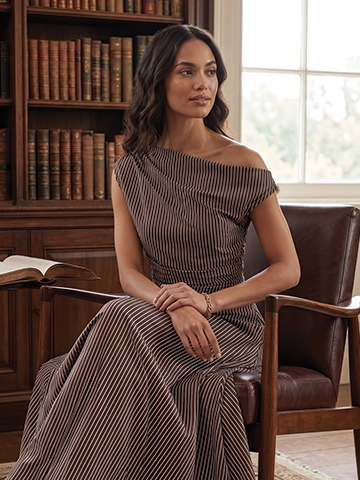 The Seraphina Draped Maxi Dress in Chocolate Stripe
