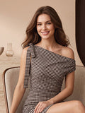 The Clara Tie-Shoulder Gingham Mini in Mocha