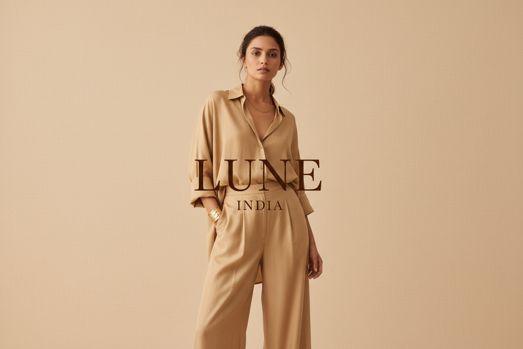 Woman wearing a beige outfit with 'LUNE INDIA' branding on a beige background